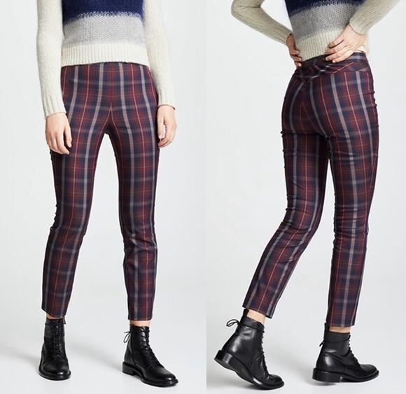 rag & bone Pants - Rag & Bone Simone Pant Trousers Burgundy Plaid Check Cropped Side Zip Size 6 NEW